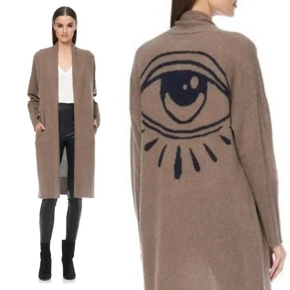 Skull Cashmere Jansen Eye Cardigan Duster Sweater Med Cashmere Boho Chic Brown - Picture 2 of 14